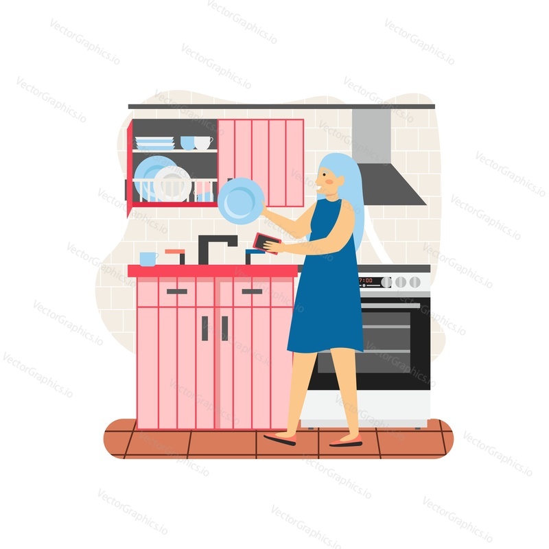 Молодая женщина, горничная, экономка, работник клининговой компании, посудомоечная машина, домохозяйка моет посуду на кухне, плоская векторная иллюстрация. Уборка номеров, уборка на дому и мытье посуды.