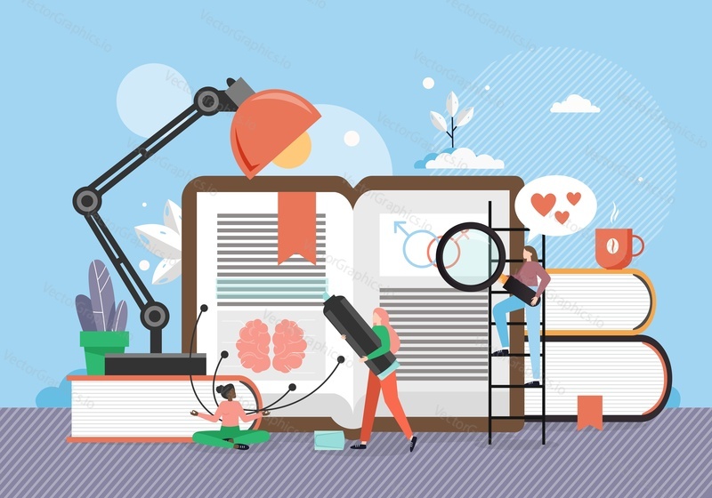 Women reading book with gender male and female symbols, flat vector illustration. Tiny people studying sex and gender science. Biology, medicine, genealogy education.