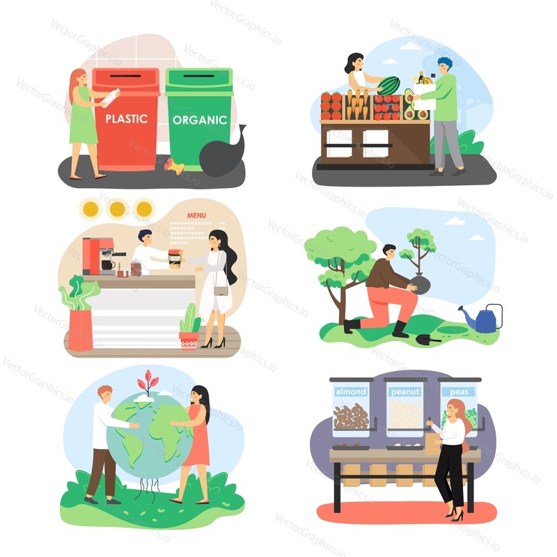 Ekologové, mužské a ženské znakové sady, plochý vektor izolované ilustrace. Lidé kupují ekologicky šetrné potraviny, třídí odpad k recyklaci, sázejí stromy, pomáhají zachraňovat planetu a přírodní zdroje