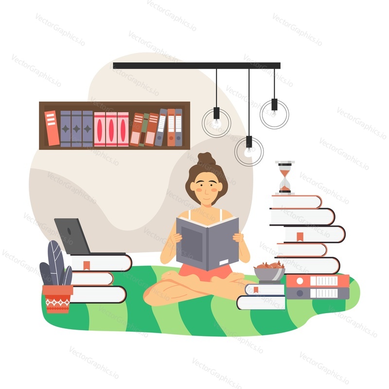 Девушка читает книгу дома, плоская векторная иллюстрация. Молодая женщина, студентка, изучающая психологию, сидит в позе лотоса, окруженная стопками книг. Изучение психического здоровья. Знания и образование.