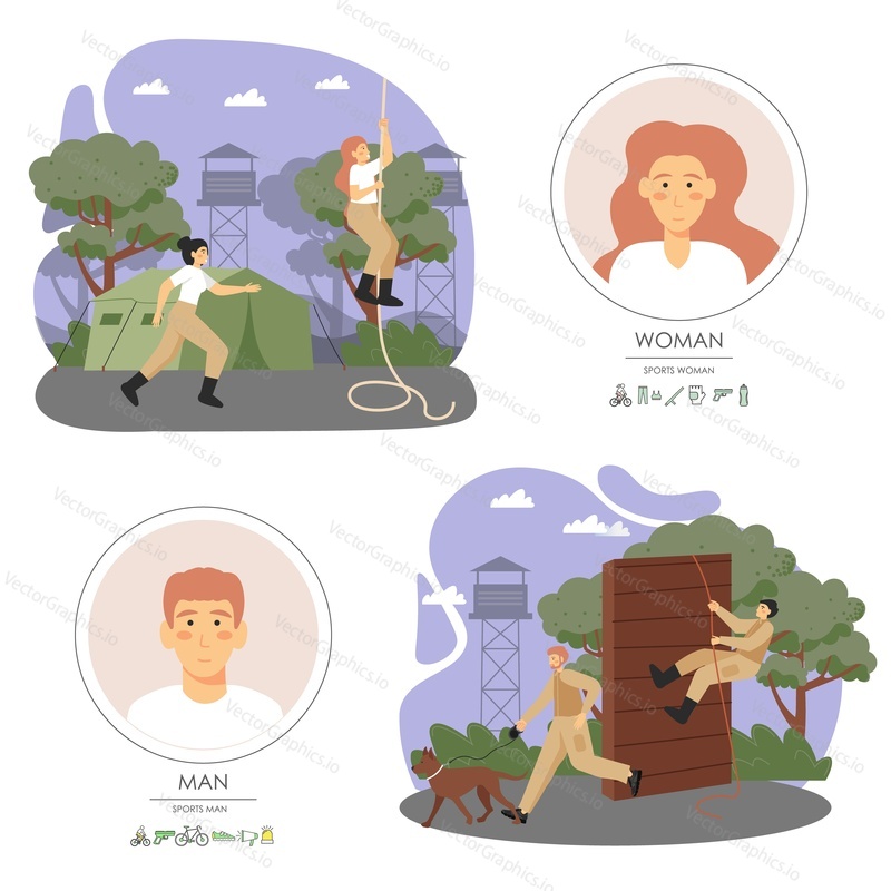 Military training composition set, flat vector illustration. Army soldiers male and female characters, climbing over obstacle, rope, running. Military dog training, workout, obstacle course, boot camp
