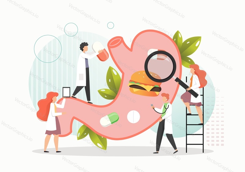 Tiny characters doctors examining and treating giant human stomach with burger and pills inside, flat vector illustration. Gastritis symptoms and treatment, gastroenterology, medicine and healthcare.