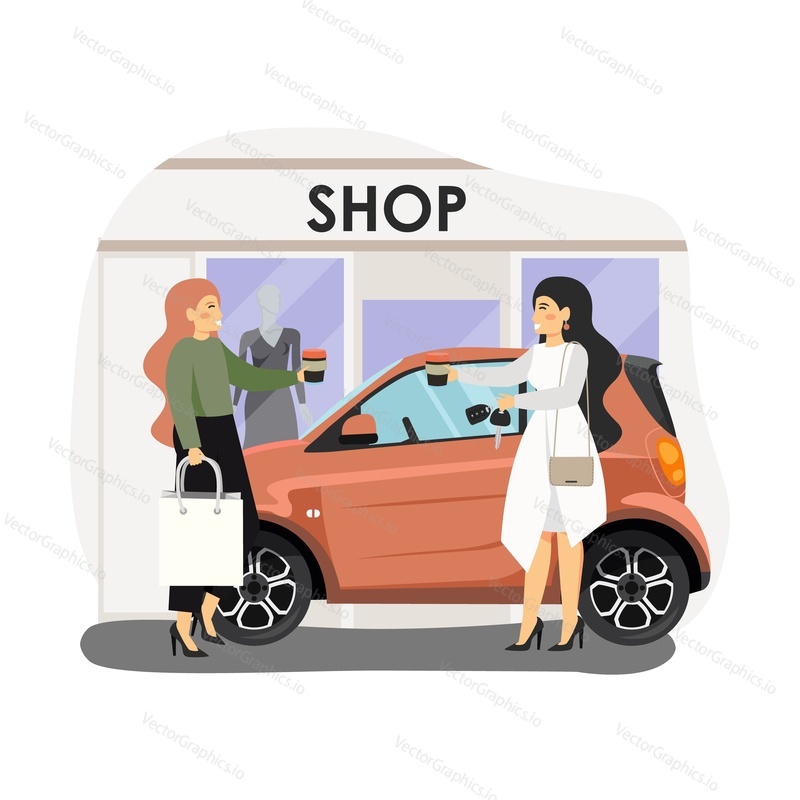 Beautiful girl going shopping by car, flat vector illustration. Happy woman owner driver holding car key, drinking coffee with girl friend next to her red auto parked in front of shop entrance.