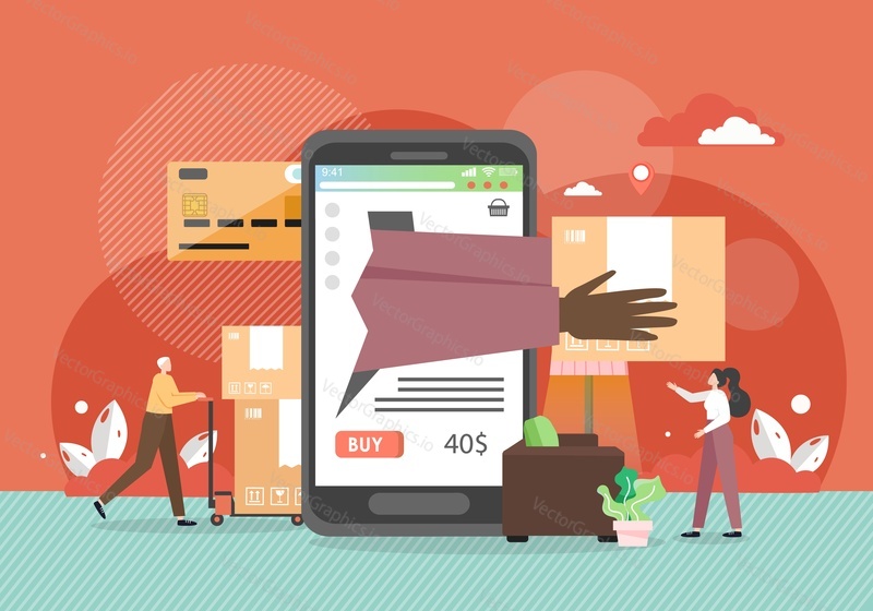 Tiny people, loader delivery man loading cardboard boxes into smartphone and woman receiver getting parcel from it, flat vector illustration. Online delivery service.