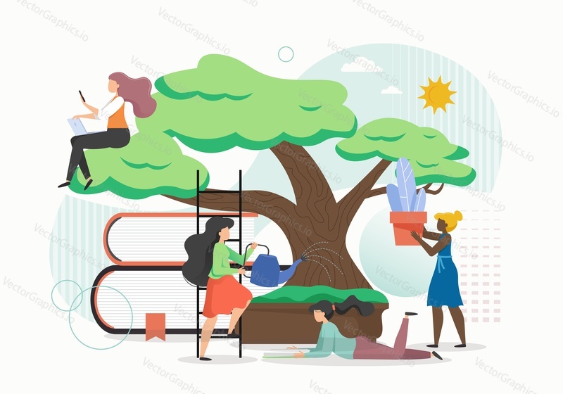 Ženy studující zahradnictví online sedí na stromě, čtení knihy ležící pod stromem, plochá vektorová ilustrace. Zahradnictví distanční vzdělávání. Věda a umění pěstování zahradních a domácích rostlin.