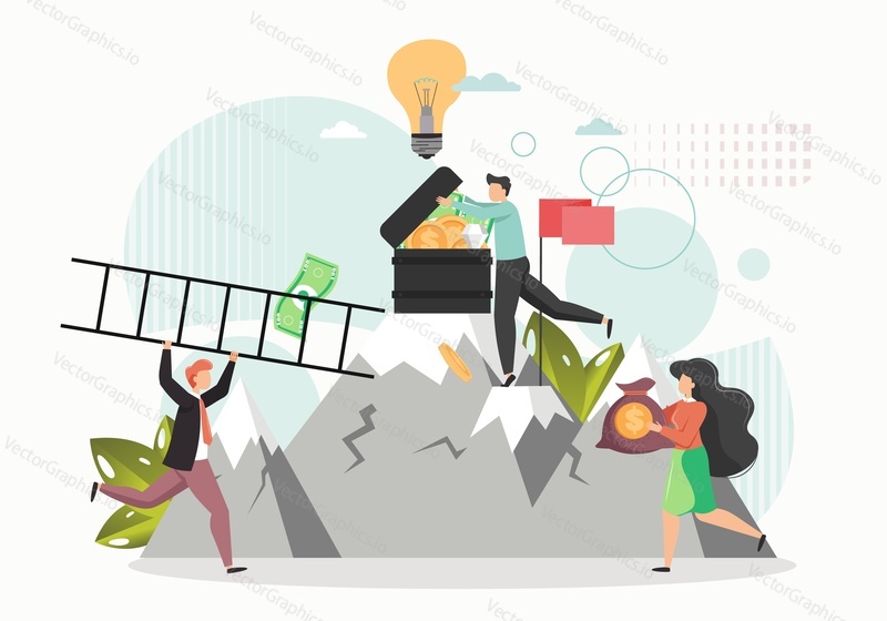 Huge idea light bulb, characters opening big case full of money on mountain peak, carrying money bag, ladder. Vector flat style design illustration. Profitable idea concept.