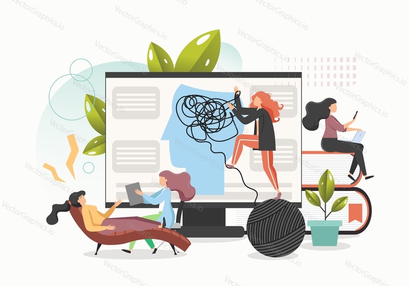 Counselling or psychotherapy session, vector flat illustration. Psychotherapist talking to woman patient on lounge relax chair. Individual psychotherapy, online counseling, psychiatry and psychology.