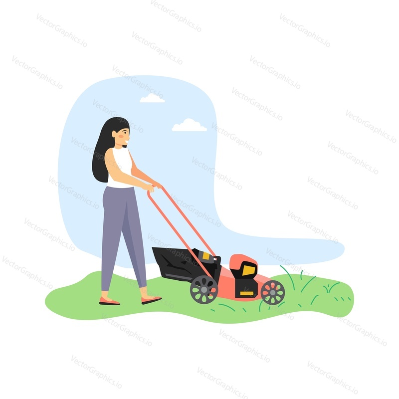 Mladá žena, zahradník sekání trávy sekačkou na trávu, ploché vektorové ilustrace. Zahradnictví, zemědělství, péče o zahradu a údržba.
