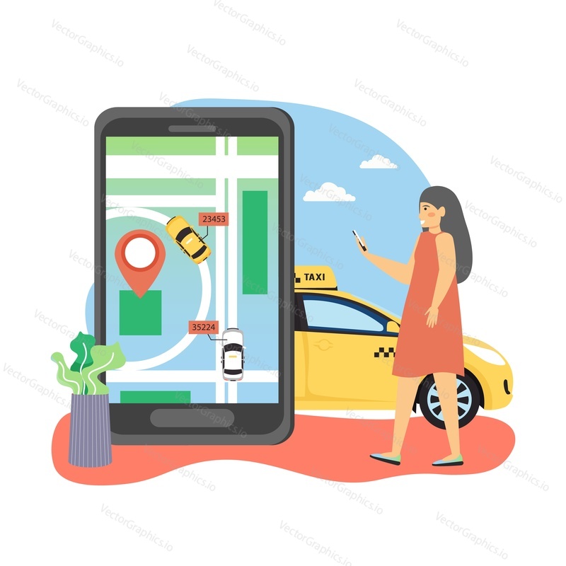 Mobilní aplikace s navigační mapou města a lokalizačním kolíkem na obrazovce smartphonu, žena objednávající taxi online pomocí mobilního telefonu, plochá vektorová ilustrace. Taxi cab sledování vozidel, pronájem auta, carsharing.
