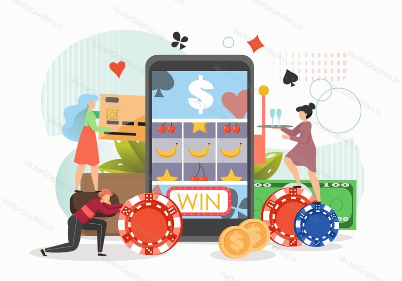 Люди, играющие в игровой автомат казино на смартфоне, плоская векторная иллюстрация. Мобильное приложение для онлайн-гемблинга. Джекпот онлайн-игрового автомата.
