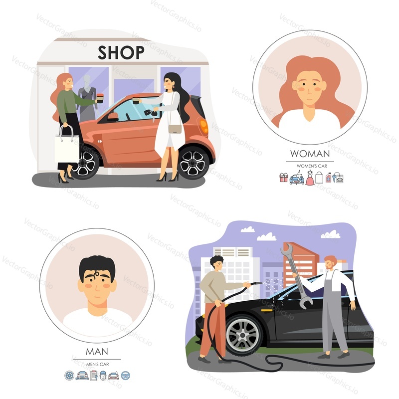 Happy man and woman with their cars, flat vector illustration. Owner and driver male character fixing, washing his auto with water hose, female going shopping by automobile. People and cars concept.