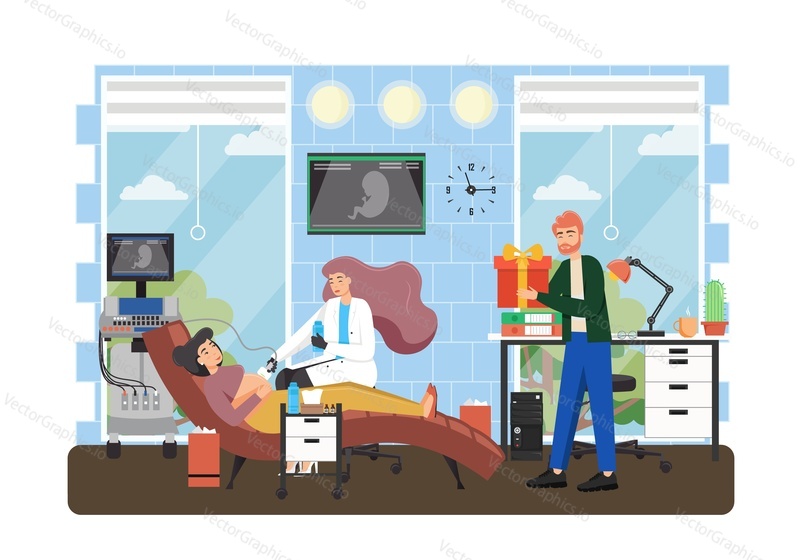 Ultrasound scan procedure, vector flat style design illustration. Pregnant woman with her husband visiting medical clinic, doctor performing ultrasound examination of fetus. Sonography concept.