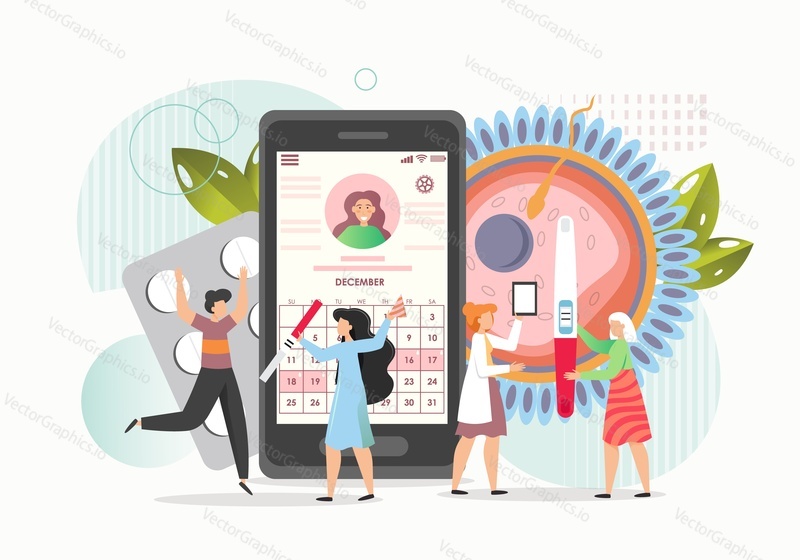 Plodná žena pomocí mobilní aplikace pro těhotenství a porod, ploché vektorové ilustrace. Šťastný pár při pohledu na kalendář na obrazovce smartphonu, dívka při těhotenský test. Mateřství, porod.