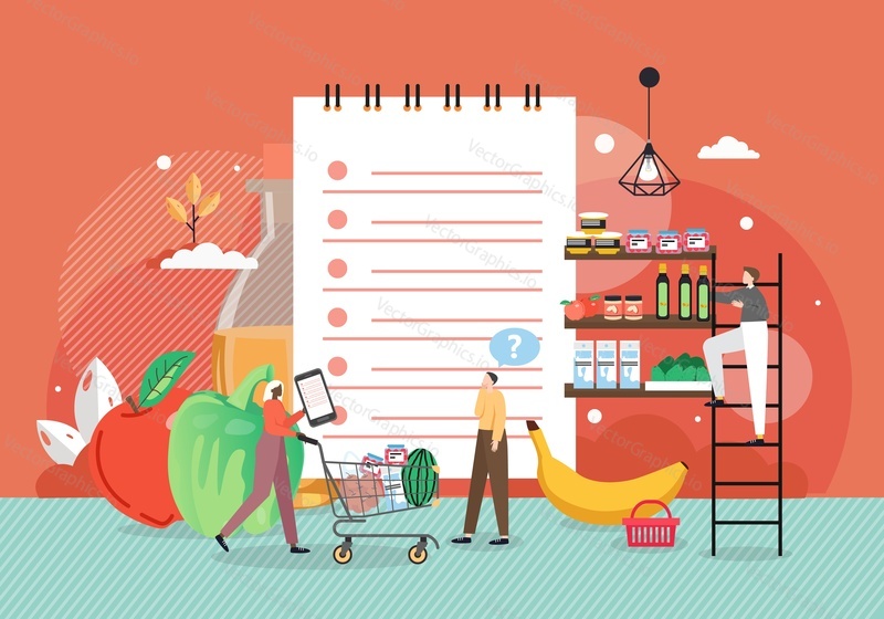 Продуктовый магазин. Женщина делает покупки продуктов питания с помощью списка покупок смартфона, плоская векторная иллюстрация. Концепция приложения для составления списка покупок.