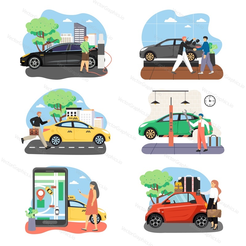 Lidé a auta v jejich životě ploché vektorové ilustrace. Muži a ženy nákup, mytí, opravy auto, nabíjení elektrického vozidla, cestování autem, získání taxi cab online, chytání taxi na ulici