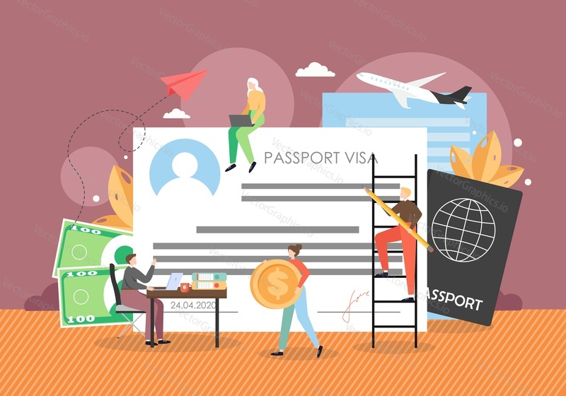 Travelers, tiny male and female characters making documents for leaving country, flat vector illustration. Tourists getting visa to travel abroad. Legal document to travel, immigration.