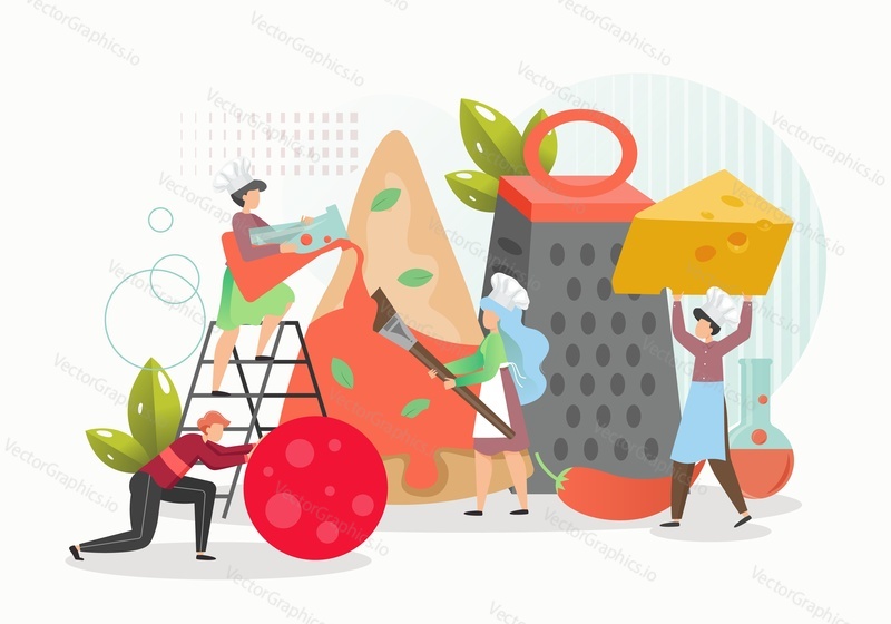 Drobné postavy, lidé v kuchařských kloboucích, kteří vyrábějí obří pizzu se sýrem rajčatový pepř, ploché vektorové ilustrace. Italské jídlo, chutné pepperoni pizza chili vaření. Pizzerie, restaurace rychlého občerstvení.
