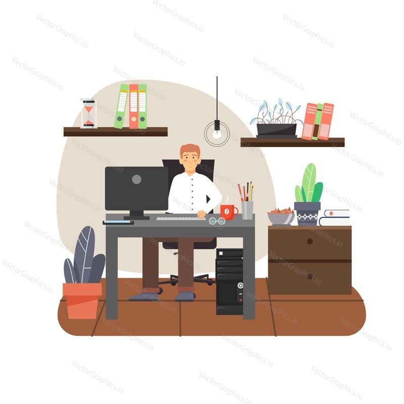 Young man, freelancer working on computer from home office sitting at table, flat vector illustration. Freelance, remote work, home workplace.