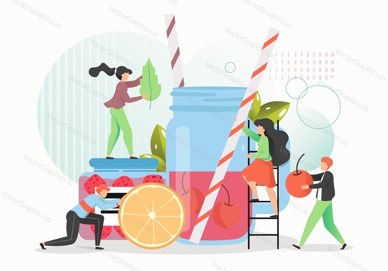 Tiny people making fruit cocktail, vector flat illustration. Summer fresh cold drink with berries, orange, mint leaves. Bartender preparing summer refreshing tasty and healthy beverage.