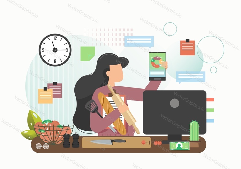 Деловая женщина готовит и работает на компьютере на кухне, векторная плоская иллюстрация. Занятая многозадачная женщина держит в одной руке планшет с графиками на экране, в другой - багет, скалку для теста.