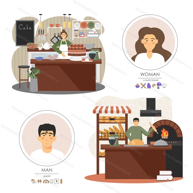 Bakery shop worker, baker cartoon character set, vector flat illustration. Man kneading dough with rolling pin, baking bread, woman selling cake and fresh sweet food desserts. Pastry shop services.