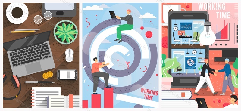 Office work vector poster template set. Modern workplace with computer, tablet, stationery, business people involved in daily work, office routine. Flat style design illustration for flyer, banner etc