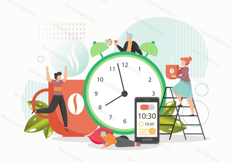 Budík, drobné postavy spící, probuzení, pití kávy, vektorová plochá ilustrace. Budík připomenutí mobilní telefon app. Kancelářská aktivita a připomenutí přerušení, probuzení alarmů a časovače spánku.
