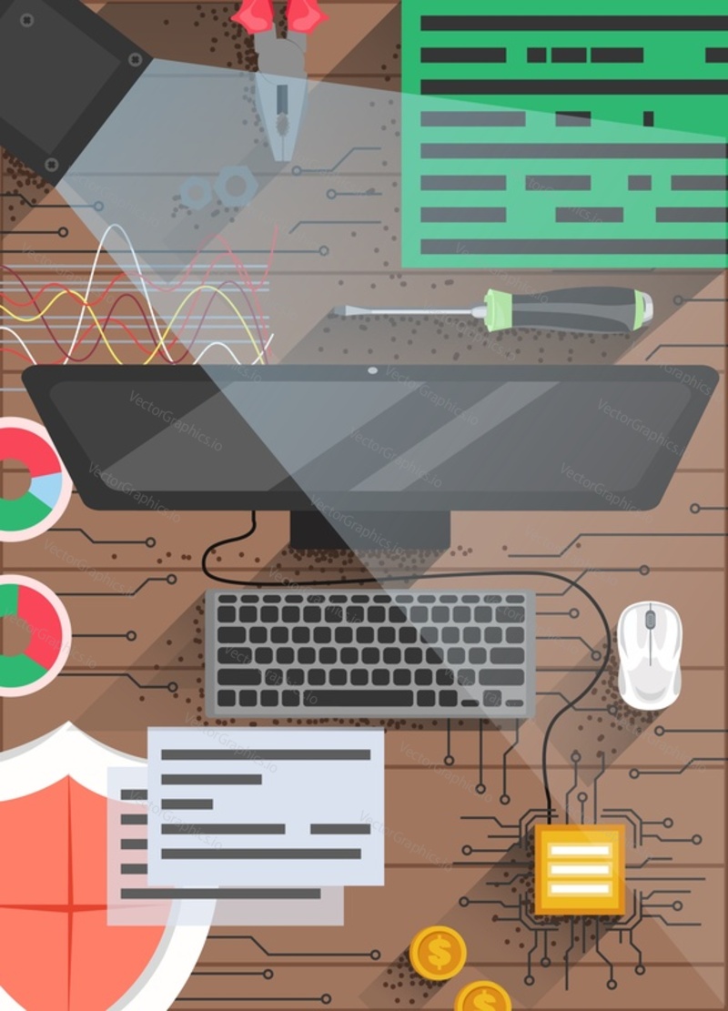 Kvantová výpočetní technika vektorová šablona plakátu. Desktop s kvantovým počítačem, čip, štít, pohled shora plochý styl designu ilustrace.