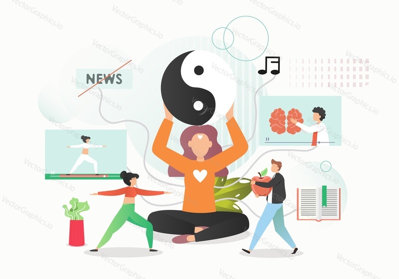 Girl meditating sitting in lotus position, vector flat style design illustration. Mindfulness, mental health and balance, stress release, meditation and yoga classes, healthy diet.