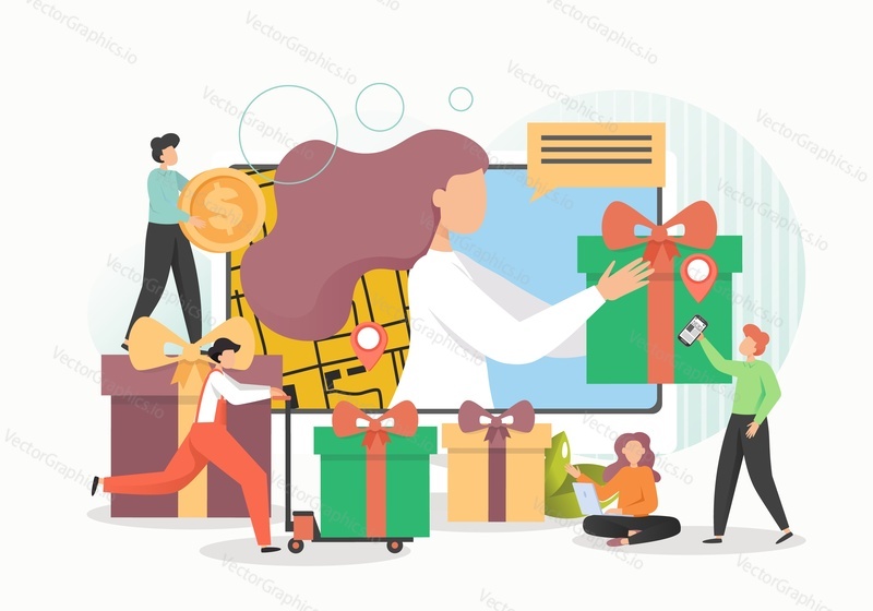 Lidé dávají dárky pro zákazníky online nakupující, vektorová plochá ilustrace. Online odměna, digitální referral program, propagační akce a bezplatné bonusové dárky, internetový obchod marketing.