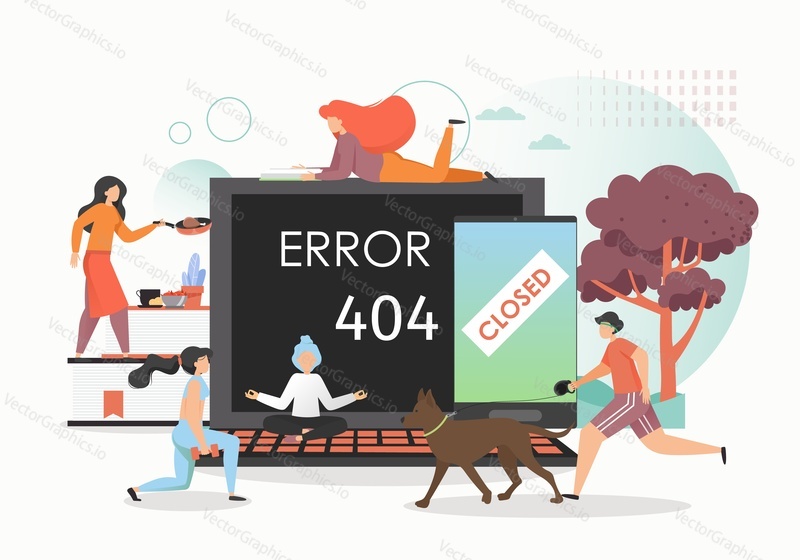 Digitální detox koncept vektorové ploché ilustrace. Lidé se na chvíli vzdávají svých digitálních zařízení a využívají tento čas k oblíbeným aktivitám, jako je vaření, sport, jóga, chůze se psem.
