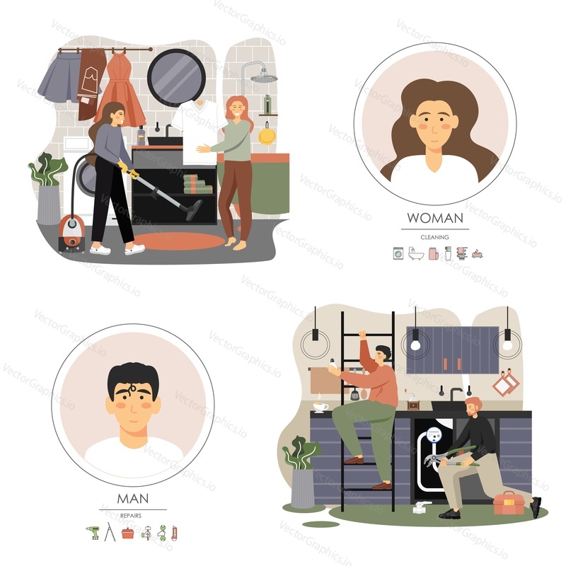 Home repair and cleaning services set, vector flat illustration. Cleaning ladies doing laundry, vacuuming carpet, cleaning house. Electrician, plumber changing light bulb, fixing clogged kitchen sink.