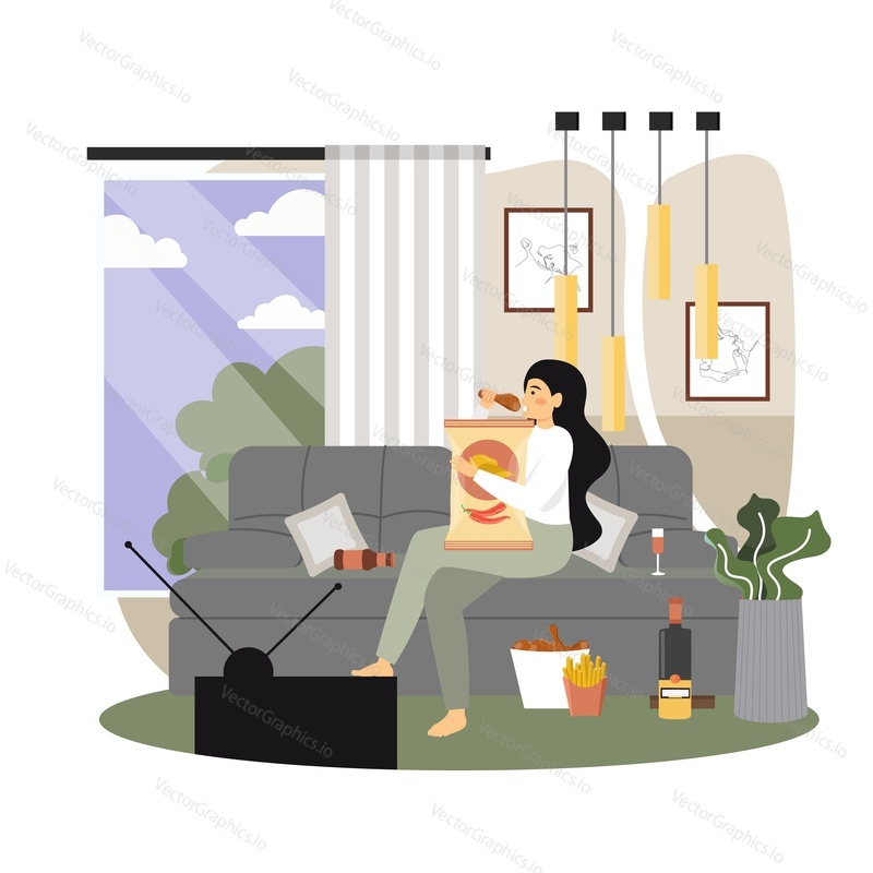 Young woman eating junk food and drinking wine while sitting on sofa and watching tv, vector flat illustration. Fast food, unhealthy eating and lifestyle.