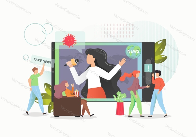 Online fake news and disinformation concept flat vector illustration. Young people discussing fake news they have read on the internet. Deliberate misinformation, hoaxes, propaganda, false headlines.