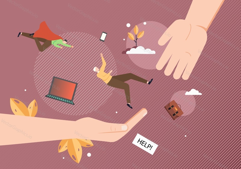 Human hands and superman helping businessman not to fall, vector flat illustration. To lend a hand metaphor for help, support for people under stress, depression etc.