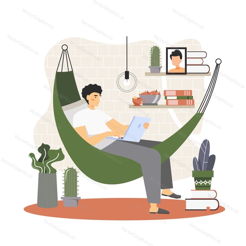 Young man freelancer working on laptop at home lying in hammock, vector flat illustration. Remote work, freelancing, home workplace.