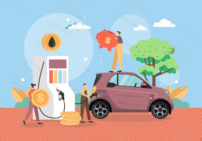 Petroleum station, tiny male and female characters driver with piggy bank, worker refueling car with gasoline pump hose, vector flat illustration. Fuel petrol gas filling station, petrol economy