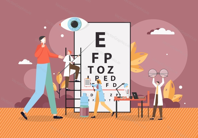 Doctor male ophthalmologist testing patient eyesight pointing at eye chart symbols, vector flat illustration. Vision checkup and treatment, eye health, ophthalmology, doctor oculist consultation.