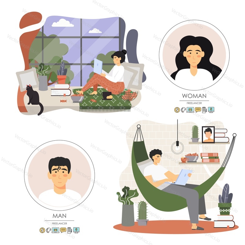 Freelancers, business people male and female characters working from home office using laptop computers and internet connection, vector flat illustration. Home workspace, remote work and freelance.