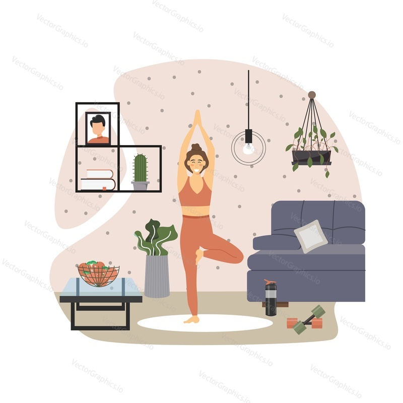 Young woman practicing yoga at home, vector flat illustration. Sport and healthy lifestyle, yoga home practice, fitness training, sport activity.