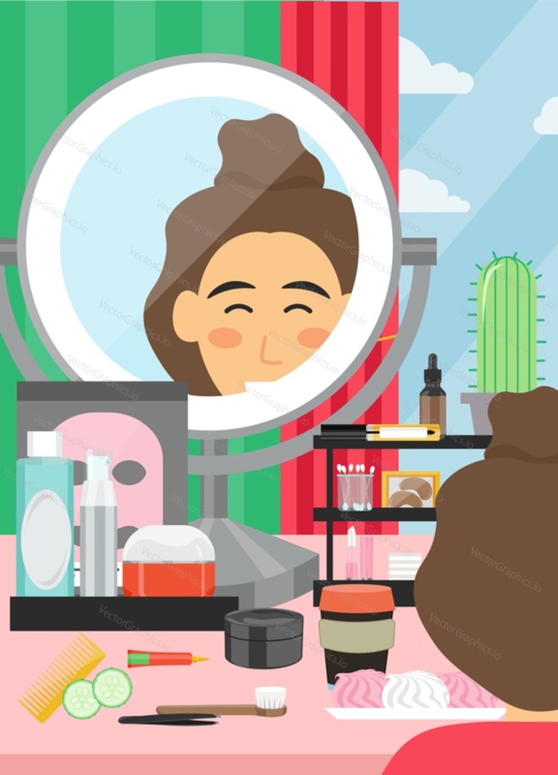 Obličej Krása a make-up vektorové plakát banner šablona. Mladá žena sedí u stolu s kosmetickými výrobky pro péči o pleť a obrovské zrcadlo. Třídy make-upu, služby kosmetického salonu, rutina péče o obličej.