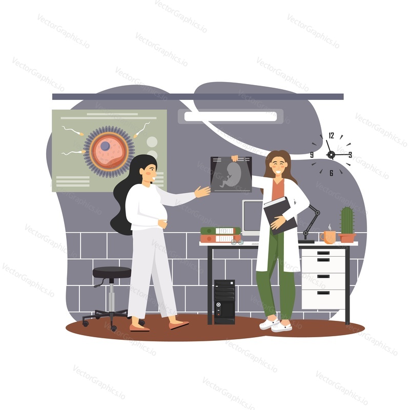 Doctor showing ultrasound scan to happy pregnant woman, vector flat illustration. Ultrasound examination, sonography. Pregnant woman medical diagnostics, prenatal health care.