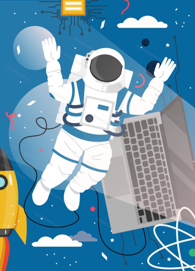 Quantum computing space exploration vector poster template. Astronaut napojený na kvantový počítač. Budoucnost konceptu vesmírného cestování plochý styl designu ilustrace.
