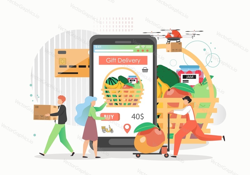 Gift basket delivery, vector flat style design illustration. Large wicker basket with different fruits on smartphone screen, woman doing online shopping, courier with parcel. Gift delivery service.