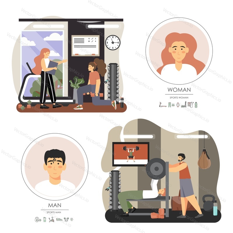 People training with personal instructors, vector flat illustration. Fitness woman exercising with dumbbells, man doing bench press lifting barbell. Fitness gym, workout, sport and healthy lifestyle.