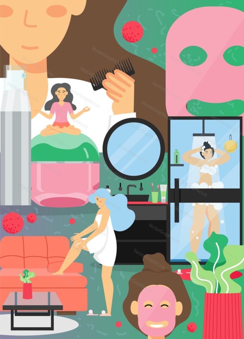 Skincare routine vector poster template. Woman taking shower, applying face mask, doing leg hair removal, combing hair, meditating at home. Face and body skincare hygienic procedures, stress release.