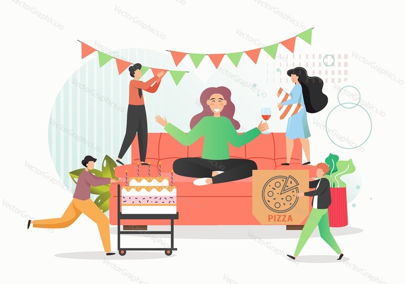 Skupina lidí slaví firemní večírek s dortem, pizza, víno, vektorové ploché ilustrace. Oslava narozenin s přáteli. Šťastné svátky.