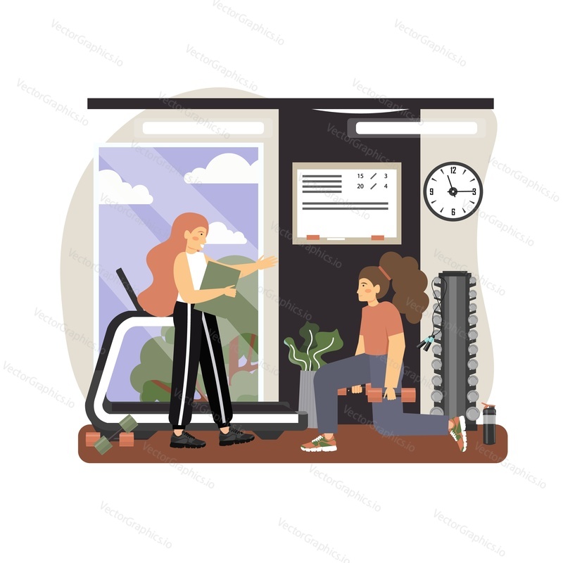 Fitness girl training with dumbbells with personal trainer female, vector flat illustration. Weight training exercises, fitness gym, sport club services.