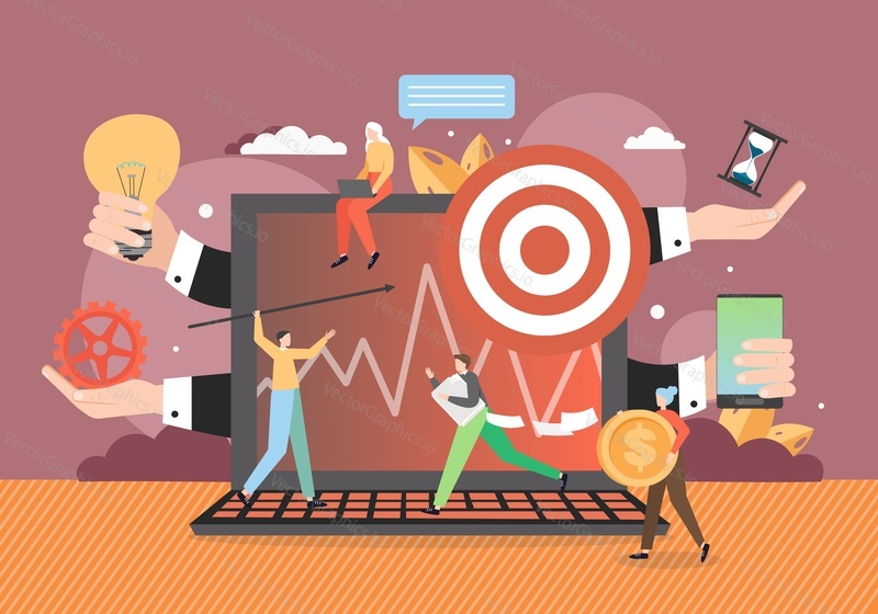 Занятые офисные работники, выполняющие много работы одновременно, векторная плоская иллюстрация. Бизнесмен держит в четырех руках шестеренку, лампочку, песочные часы, смартфон. Концепция многозадачности человека.
