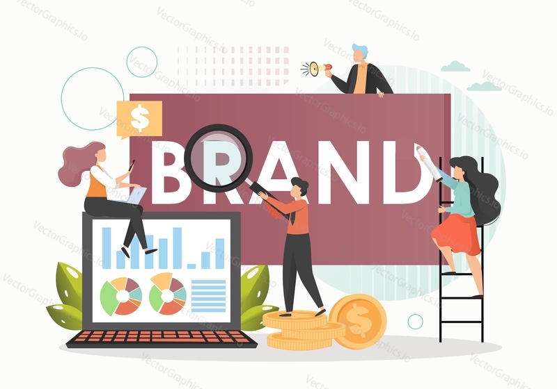 Marketingoví specialisté mužské a ženské postavy vytváření nové značky společnosti, zlepšení povědomí o značce nebo uznání, vektorová plochá ilustrace. Branding kampaň, obchodní marketingová strategie.